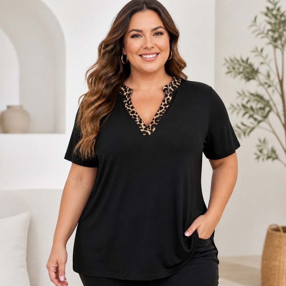 Perfectly Priscilla Plus Size Black V-Neck Top w/Leopard Print Collar Trim 3XL